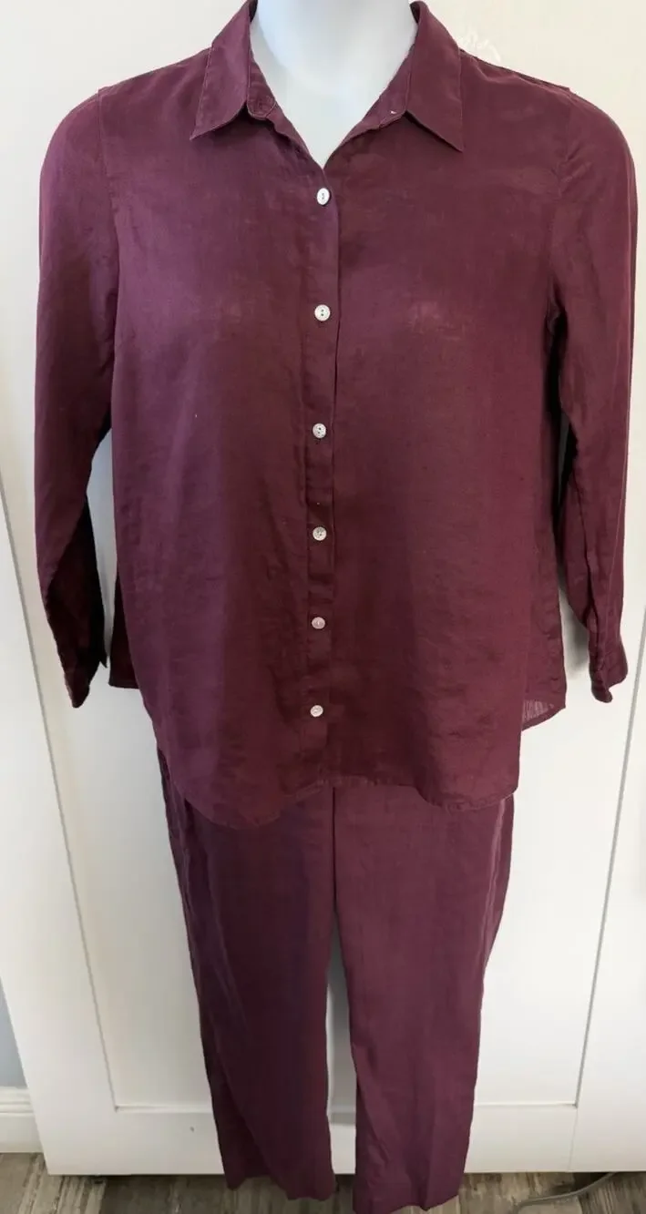 J.Jill Linen Stretch Burgundy 2 Piece Set Button Shirt & Cropped Pants M Petite